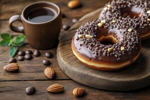Enjoying Chocolate Donuts with Coffee and Almonds on a Wooden Table photo