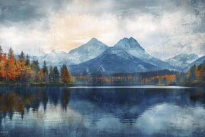 Lake Reflecting Mountains and Autumnal Trees in Scenic Landscape Scene photo