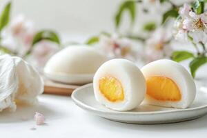 Enjoying Fresh Mango Mochi Dessert with Spring Blossom Background photo