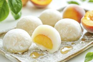 Peach Mochi Dessert on Plate with Fruit Filling and Garnish photo