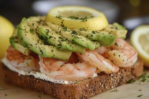 Delicious Shrimp Avocado Toast with Lemon and Cream Cheese photo
