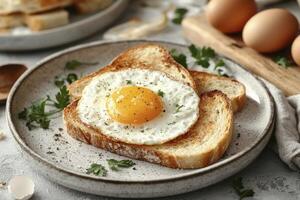 Fried Egg on Toast Breakfast on Plate with Parsley and Eggs photo