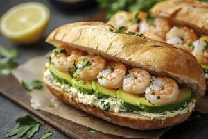 Shrimp Avocado Sandwich on Baguette with Lemon Ready to Eat photo