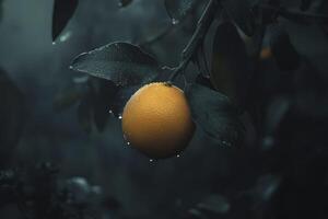 Ripe Lemon Hanging on Tree Branch with Rain Drops Close-up photo