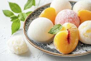Assorted Mochi Ice Cream with Peach Slices on a Plate photo