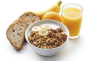 Enjoying Nutritious Breakfast with Granola Yogurt Fruit and Orange Juice photo