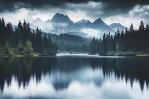 Reflective Lake Surrounded by Forest and Mountains with Overcast Sky photo