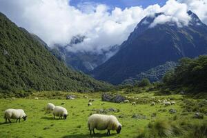 Sheep Grazing in Mountain Valley with Clouds and Lush Green Grass photo