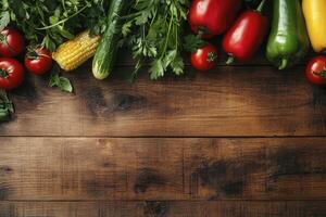 Fresh Vegetables and Herbs on Rustic Wooden Table for Healthy Eating photo