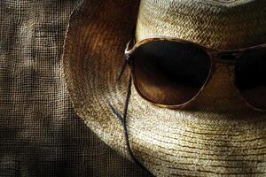Straw Hat with Sunglasses on Burlap Background for Summer Travel photo