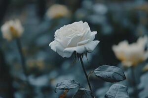 Elegant White Rose Blossom in a Moody Garden Setting Close-up photo
