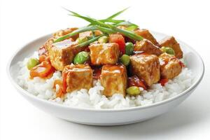 Tofu with Vegetables and Rice in a Bowl Close-up Studio Shot photo