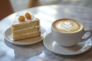 Enjoying a Slice of Cake with Latte Art Coffee on Marble Table photo
