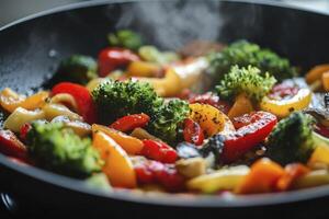 Stir Frying Colorful Vegetables in a Pan with Steam for Dinner photo