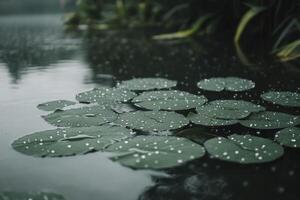 Lily Pads Floating on Calm Lake Water with Rain Droplets Close Up photo