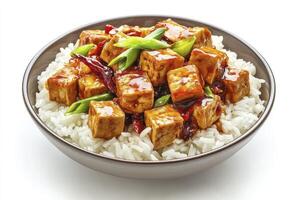 Serving of Glazed Tofu with Rice and Green Onions in Bowl photo