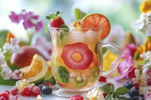 Refreshing Fruit Infused Water with Strawberries and Citrus Slices in Glass photo