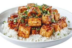Serving of Spicy Tofu with Rice and Herbs in a Bowl photo