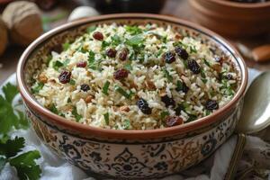 Serving of Rice Pilaf with Raisins Parsley and Almonds photo