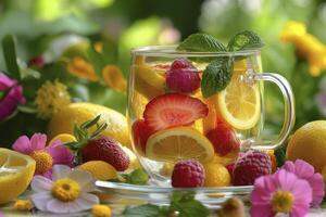 Refreshing Fruit Infused Water with Lemon and Berries Surrounded by Flowers photo