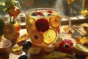 Enjoying Refreshing Citrus Water with Flowers and Berries in the Sun photo