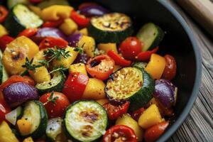 Colorful Roasted Vegetables with Zucchini and Tomatoes in a Pan photo