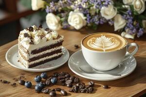 Enjoying Coffee Latte and Chocolate Cake Slice with Blueberries on Table photo