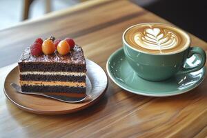 Enjoying Chocolate Cake and Latte Art in Green Cup on Wooden Table photo