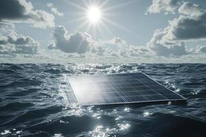 Solar Panel Floating on Ocean Water with Sunny Sky and Clouds photo