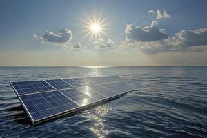 Floating Solar Panel Array on Open Sea with Bright Sun Glimmering photo