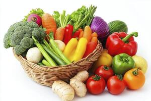 Fresh Vegetable Harvest in Wicker Basket with Bright Colors on White photo