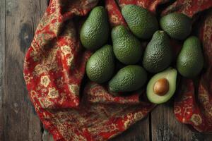 Avocado Arrangement on Rustic Wooden Table with Decorative Red Cloth photo