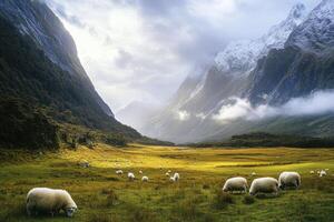 A herd of sheep grazing in a field photo