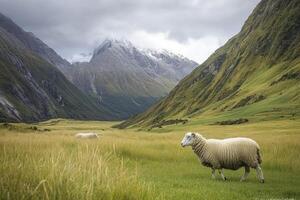 Sheep Grazing in Scenic Mountain Valley with Cloudy Sky Landscape photo