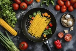 Preparing Spaghetti in Pan with Fresh Vegetables on Dark Surface photo