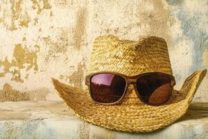 Straw Hat with Sunglasses Still Life Against Weathered Wall Backdrop photo