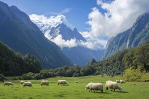 Sheep Grazing in Green Valley with Snowcapped Mountains and Cloudy Blue Sky photo