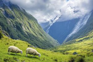 Sheep Grazing in Mountain Valley Pasture with Cloudy Sky and Peaks photo