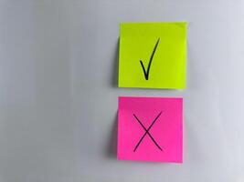 Post it notes with tick and cross when choosing answer option photo