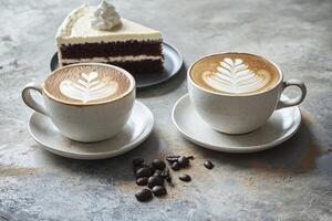 Enjoying Latte Art Coffee with Chocolate Cake on a Gray Table photo