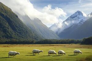 Sheep Grazing in Green Field with Mountain Backdrop and Cloudy Skies photo