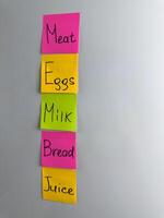 Grocery list written on colored sticky notes. Reminder of what food to buy for home photo
