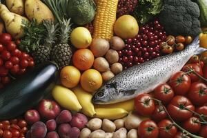 Assorted Fresh Fruits Vegetables and Fish Creating Vibrant Food Display photo