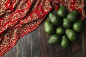 Group of Fresh Avocados on Wooden Table with Patterned Cloth photo