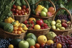 Fresh Fruits and Vegetables in Baskets Displaying Healthy Food Variety photo