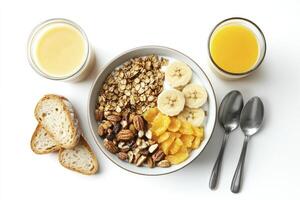 Healthy Breakfast Bowl with Granola Nuts and Fruits Top View photo