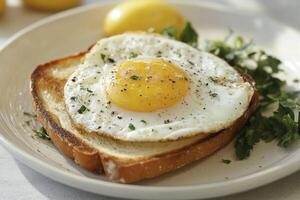Fried Egg on Toast with Parsley and Lemon Ready to Eat photo