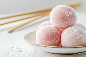 Stack of Pink Mochi on Plate with Chopsticks for Sweet Treat photo