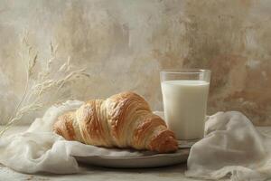 Enjoying Croissant with Glass of Milk for Breakfast in a Rustic Setting photo