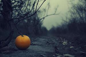 Orange on Forest Path Under Bare Tree Branches in Moody Lighting photo